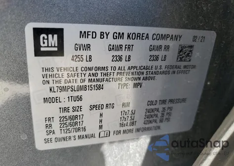 2021 Chevrolet Trailblazer Lt z USA, uszkodzony, nr VIN KL79MPSL0MB151584